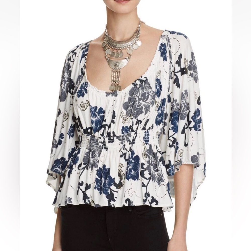 Free People White and Blue Floral Top